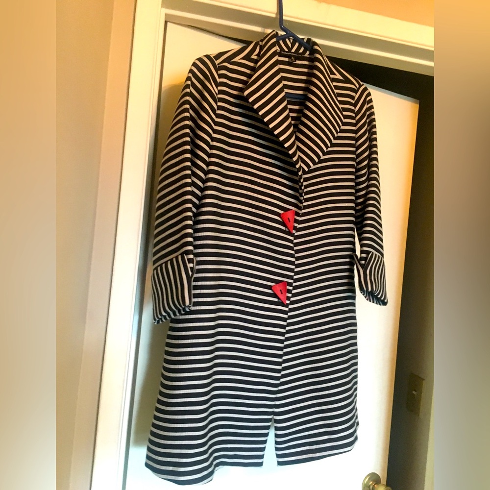 Striped Blazer Trench Coat With Red Accents